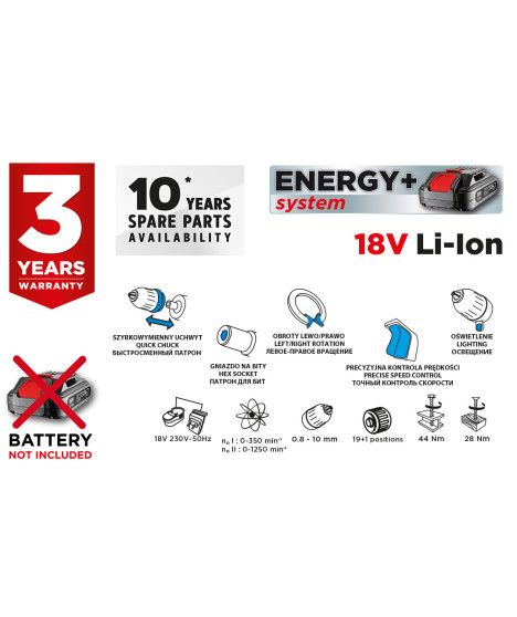 Wiertarko-wkrętarka akumulatorowa Energy+ 18V, Li-Ion, zdejmowany uchwyt 10 mm, bez akumulatora