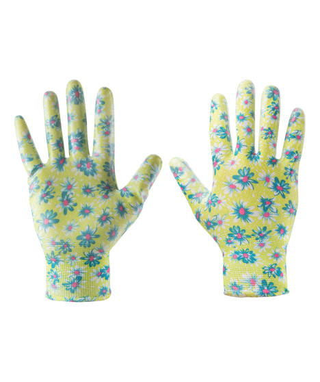 Rękawice ogrodowe pokryte nitrylem, wzór kwiatki, rozmiar 7"