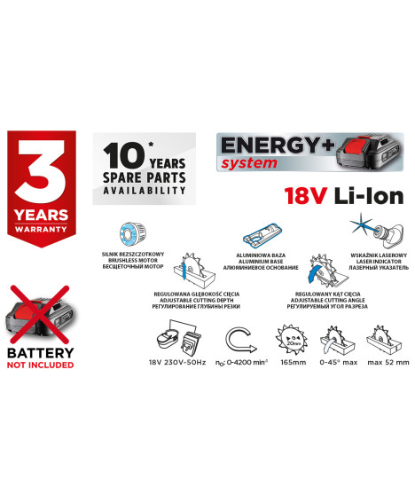 Pilarka tarczowa akumulatorowa Energy+ 18V, Li-Ion, tarcza 165 x 20 mm, bez akumulatora