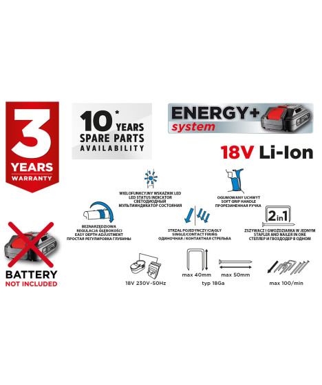 Zszywacz akumulatorowy 2w1 Energy+ 18V, Li-Ion, bez akumulatora