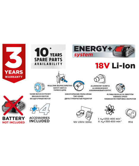Mieszarka akumulatorowa Energy+ 18V, obroty: I: 250-400 min-1, II: 350-650 min⁻¹