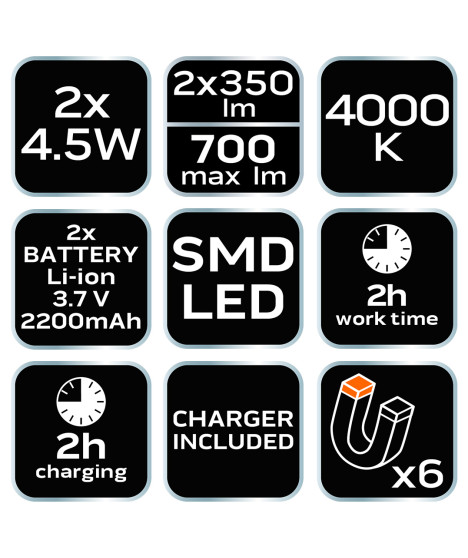 Lampa warsztatowa akumulatorowa 2x350 lm rozkładana SMD