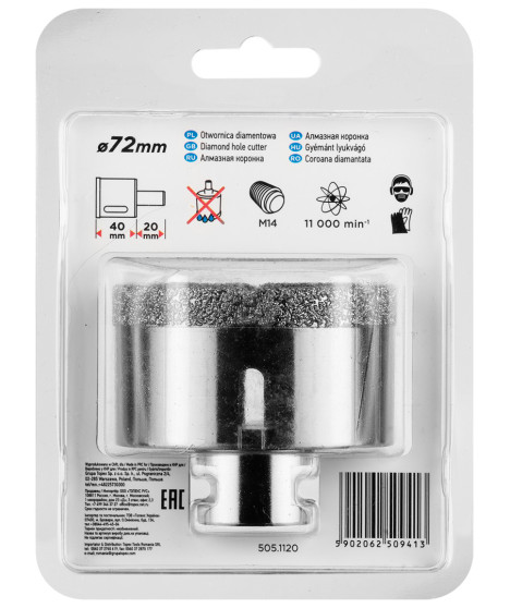 Otwornica diamentowa 72 mm x M14