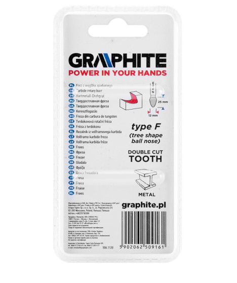 Frez do metalu HM, typ F (ostrołukowy zaokrąglony), 12 x 25 mm, trzpień 6 x 45 mm