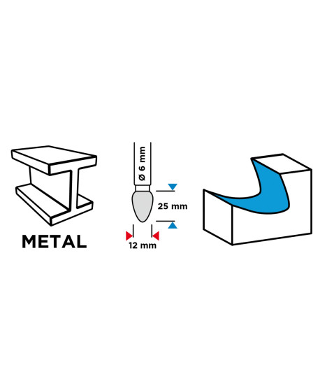 Frez do metalu HM, typ F (ostrołukowy zaokrąglony), 12 x 25 mm, trzpień 6 x 45 mm