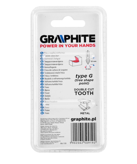 Frez do metalu HM, typ G (ostrołukowy ostry), 12 x 25 mm, trzpień 6 x 45 mm