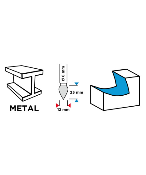 Frez do metalu HM, typ G (ostrołukowy ostry), 12 x 25 mm, trzpień 6 x 45 mm
