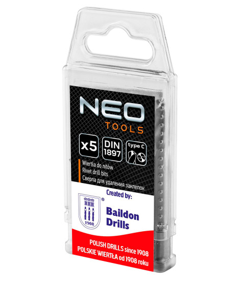 Wiertła specjalistyczne do rozwiercania nitów samozrywalnych, HSS, 2.5-6.5 mm, krótkie, kpl.5szt.