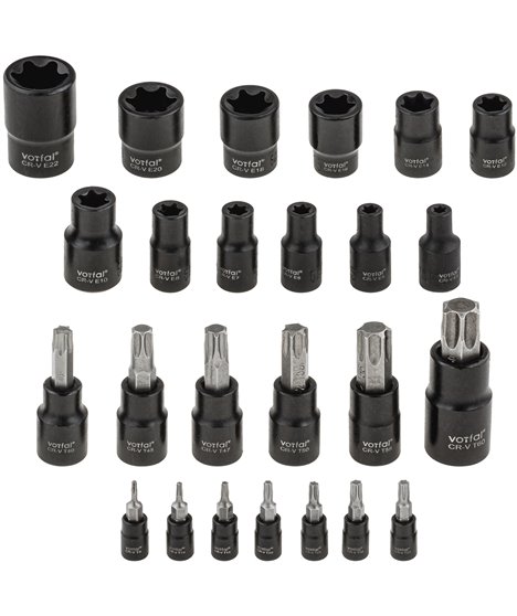 Zestaw nasadek klucze nasadowe nasadki torx/torx-e 1/4″ 3/8″ 1/2″ 25 szt.