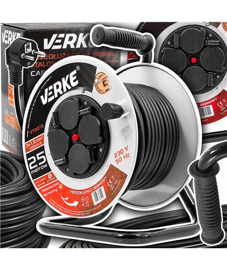 Przedłużacz na bębnie bębnowy mocny budowlany zwijak 3x1,5 mm 25 m 4 gniazda hermetyczne