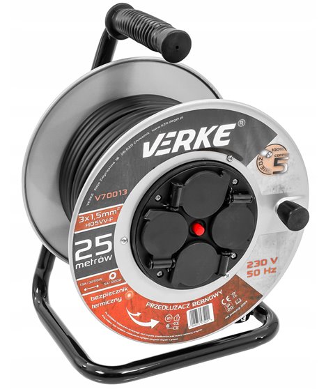 Przedłużacz na bębnie bębnowy mocny budowlany zwijak 3x1,5 mm 25 m 4 gniazda hermetyczne