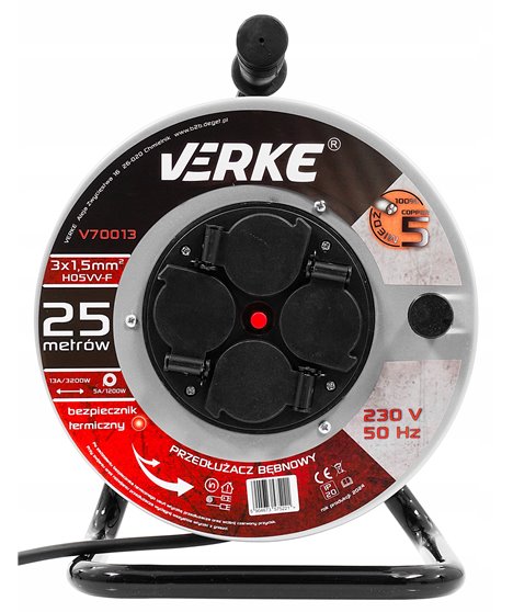 Przedłużacz na bębnie bębnowy mocny budowlany zwijak 3x1,5 mm 25 m 4 gniazda hermetyczne