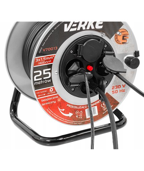 Przedłużacz na bębnie bębnowy mocny budowlany zwijak 3x1,5 mm 25 m 4 gniazda hermetyczne