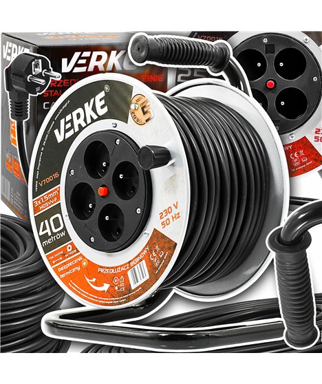 Przedłużacz na bębnie stalowym mocny budowlany zwijak 3x1,5 mm 40 m 4 gniazda