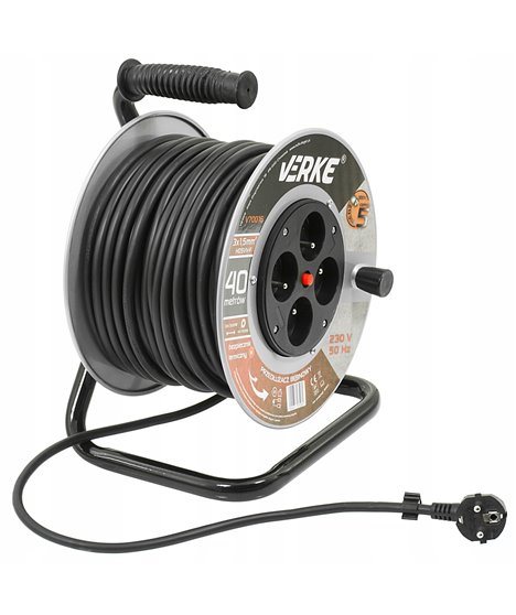 Przedłużacz na bębnie stalowym mocny budowlany zwijak 3x1,5 mm 40 m 4 gniazda