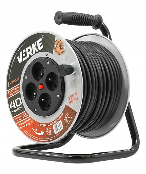 Przedłużacz na bębnie stalowym mocny budowlany zwijak 3x1,5 mm 40 m 4 gniazda