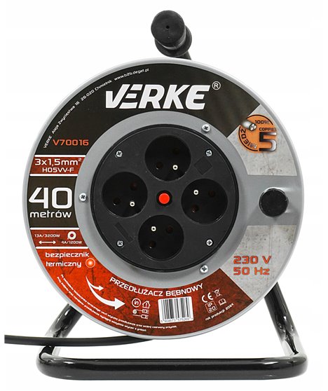 Przedłużacz na bębnie stalowym mocny budowlany zwijak 3x1,5 mm 40 m 4 gniazda