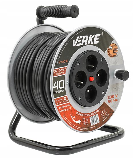 Przedłużacz na bębnie stalowym mocny budowlany zwijak 3x1,5 mm 40 m 4 gniazda