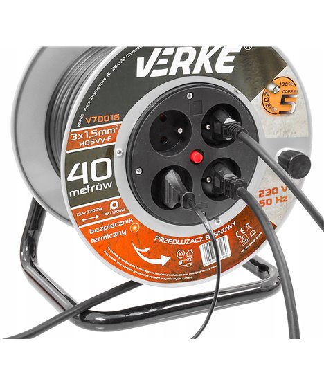 Przedłużacz na bębnie stalowym mocny budowlany zwijak 3x1,5 mm 40 m 4 gniazda
