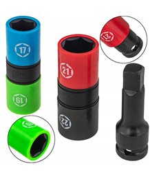 Zestaw nasadki udarowe dwustronne do kół 17 19 21 22 mm + przedłużka 1/2"