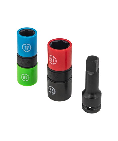 Zestaw nasadki udarowe dwustronne do kół 17 19 21 22 mm + przedłużka 1/2"
