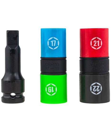 Zestaw nasadki udarowe dwustronne do kół 17 19 21 22 mm + przedłużka 1/2"