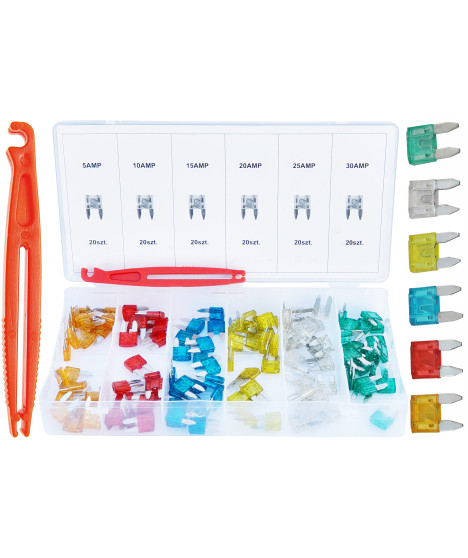 Zestaw bezpieczniki samochodowe 5A-30A 120 EL. + chwytak