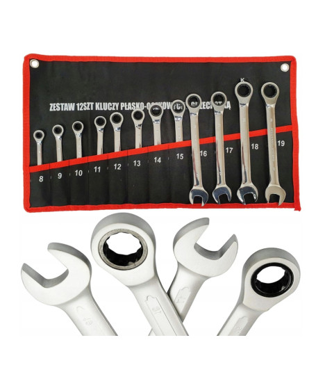 Klucze płasko oczkowe z grzechotką 8-19 mm etui