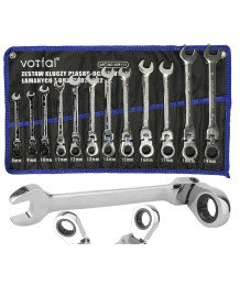 Klucze płaskie oczkowe z grzechotką kute crv 12 szt.