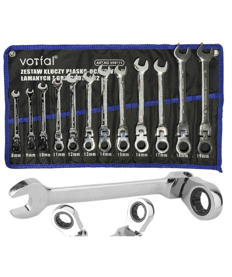 Klucze płaskie oczkowe z grzechotką kute crv 12 szt.