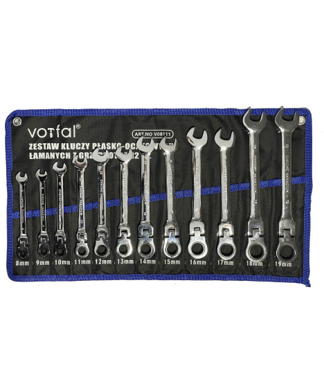 Klucze płaskie oczkowe z grzechotką kute crv 12 szt.