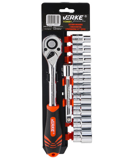 ZESTAW NASADEK Z GRZECHOTKĄ I PRZEDŁUŻKĄ 1/2" 12 SZT VERKE PREMIUM LINE