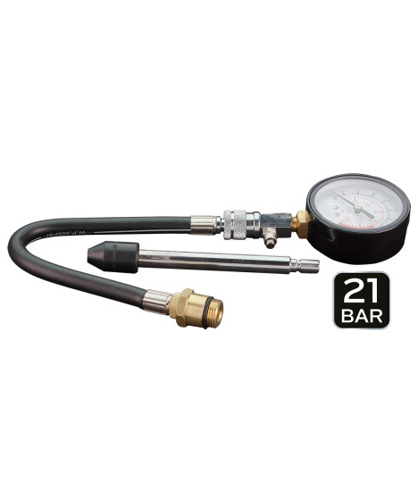 Miernik ciśnienia sprężania z zestawem adapterów.