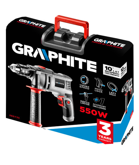 Wiertarka udarowa 550W, uchwyt kluczykowy 13 mm, obroty 0-3000 min⁻¹, walizka