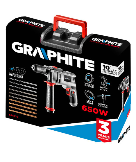 Wiertarka udarowa 650W, uchwyt samozaciskowy 13 mm, obroty 0-3000 min⁻¹, walizka + 10 wierteł