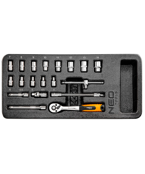 Klucze nasadowe 1/4", zestaw 19 szt., wkładka