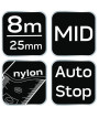 Miara zwijana stalowa 8 m x 25 mm, autostop, zaczep