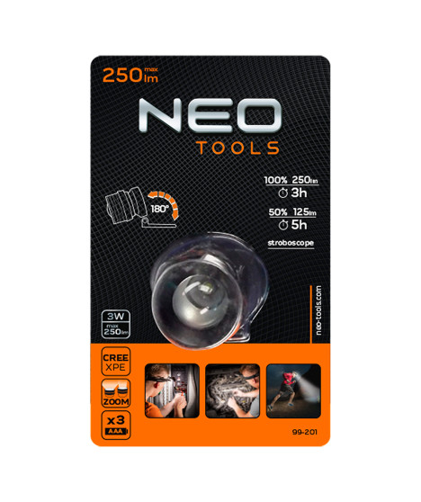 Latarka czołowa 250 lum, zoom, CREE XPE, 3xAAA