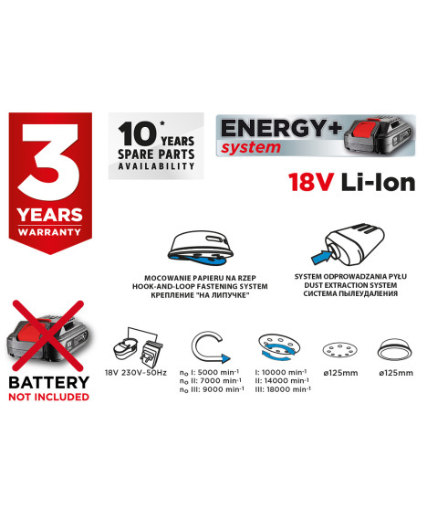 Szlifierka mimośrodowa Energy+ 18V, Li-Ion, stopa 125 mm, bez akumulatora
